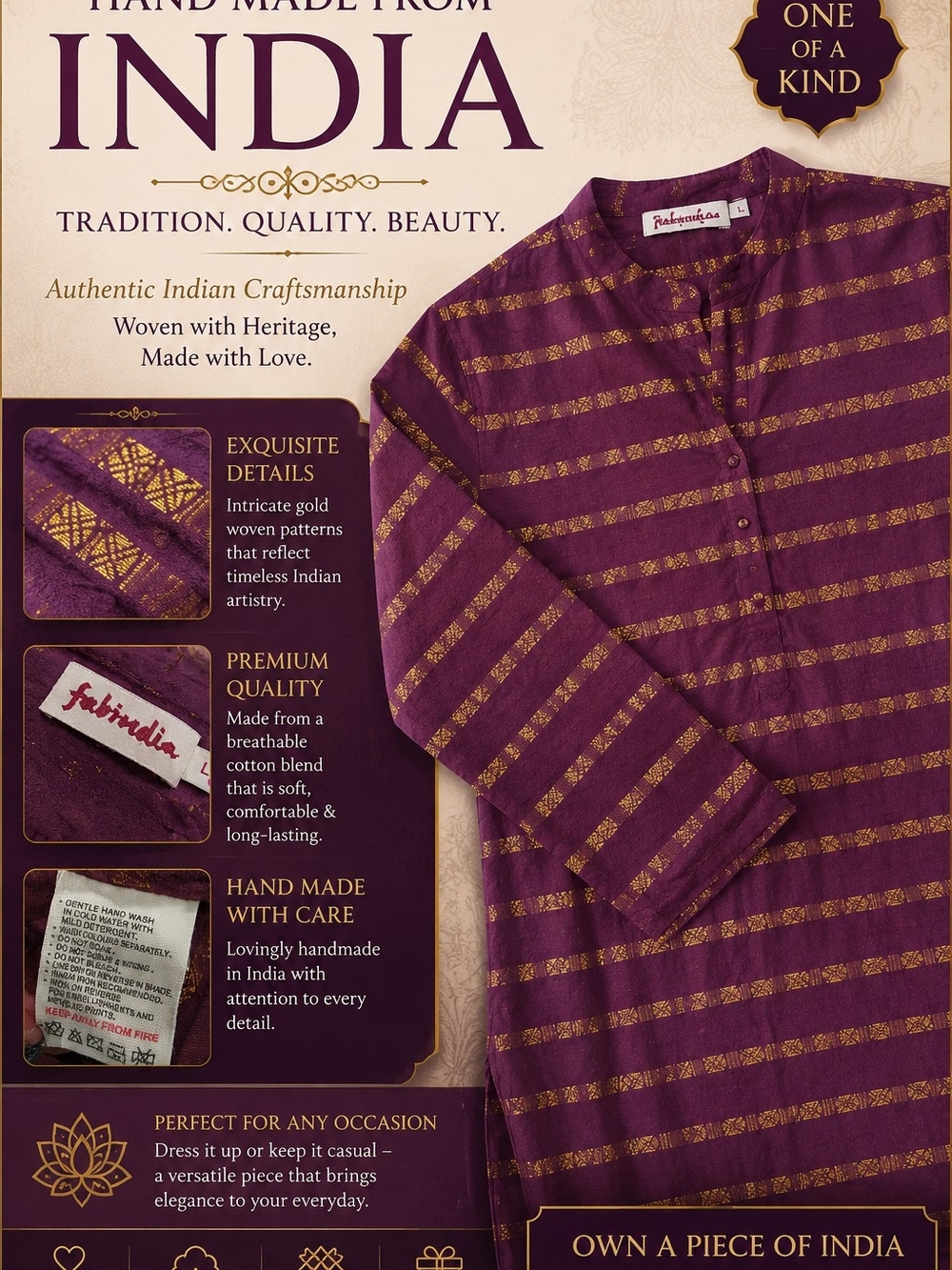 fabindia Purple and Gold Woven Stripe Kurta